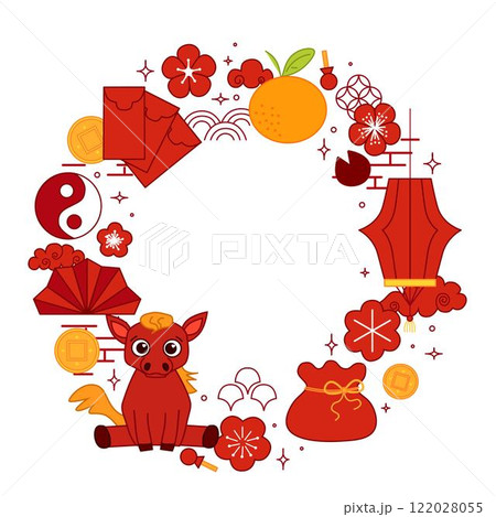 Chinese New Year icons, symbols and decorations circle round frame. Line art lanterns, flowers, clouds and frames. vector illustration year of horse 122028055