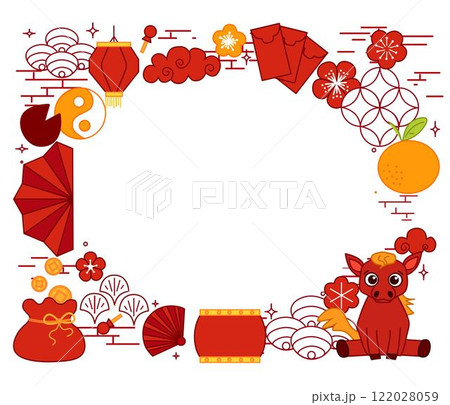 year of horse Chinese New Year template oval frame featuring traditional Chinese borders and a horse, celebrating the Year of the Horse with festive elements. Vector graphic line year of horse Chinese New Year template oval frame featuring traditional Chinese borders and a horse, celebrating the Year of the Horse with festive elements. Vector graphic line 122028059