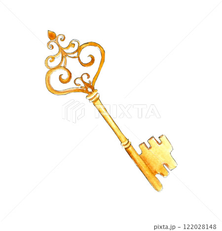 Watercolor old key . Hand drawn isolated illustration for cards, printing on packaging and textiles, stickers Watercolor old key . Hand drawn isolated illustration for cards, printing on packaging and textiles, stickers 122028148