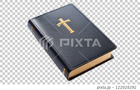 A black Bible featuring a beautiful gold cross prominently on the cover 122028292