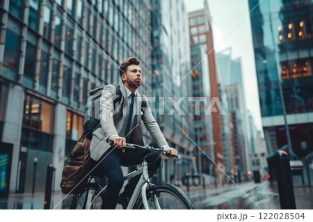 Young professional commuting on a bicycle through a modern urban cityscape, wearing a suit and carrying a backpack, symbolizing sustainable and active urban lifestyle 122028504