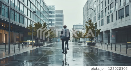 Man cycling through a modern urban street on a rainy day, wearing a suit and embracing a sustainable and active lifestyle amid contemporary architecture 122028505