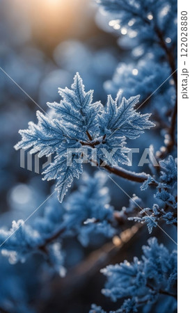 Frost-covered leaves on a branch with soft sunlight in the background. Macro shot of winter nature with delicate ice crystals 122028880