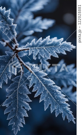 Close-up of frosted blue fern leaves with ice crystals. Macro nature photography of winter foliage in cold weather 122028881