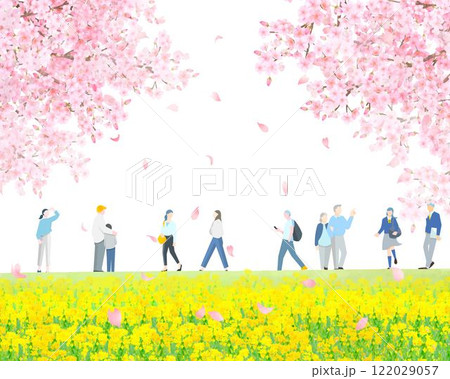 桜の木と菜の花の咲く土手沿いを歩く様々な人々ー全身ー春ー人物ベクターイラスト白バック背景素材 桜の木と菜の花の咲く土手沿いを歩く様々な人々ー全身ー春ー人物ベクターイラスト白バック背景素材 122029057