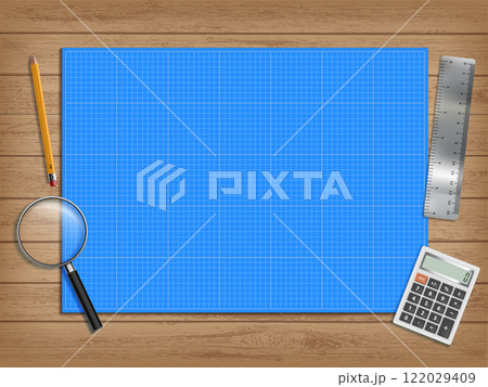 Blueprint paper with drawing tools. Cutting mat Blueprint paper with drawing tools. Cutting mat 122029409