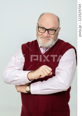 Serious business Caucasian mature elderly businessman, CEO, boss, teacher wearing glasses, looking at camera isolated on white background 122029784
