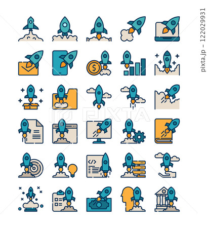 set of rocket fly business startup filled outline icon element set of rocket fly business startup filled outline icon element 122029931