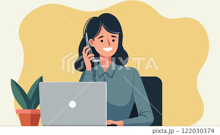Smiling Woman on Phone at Desk with Laptop Smiling Woman on Phone at Desk with Laptop 122030374