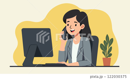 Smiling Woman on Phone at Desk with Computer Smiling Woman on Phone at Desk with Computer 122030375