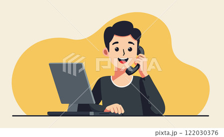 Cheerful Man on Phone with Laptop Cheerful Man on Phone with Laptop 122030376