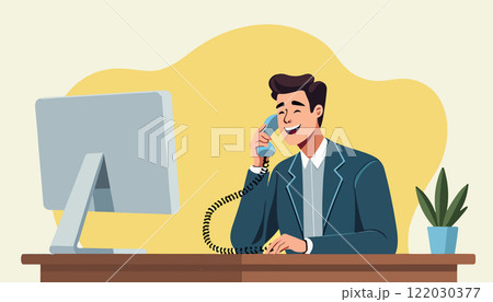 Smiling Businessman on Phone at Desk Smiling Businessman on Phone at Desk 122030377