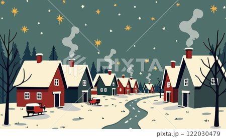 Charming Winter Village Under Starry Sky 122030479