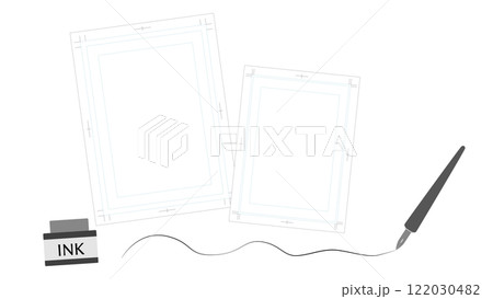 マンガ原稿用紙とインクとつけペンのイラスト 122030482