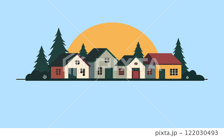 Charming Village Scene with Sunset and Pine Trees Charming Village Scene with Sunset and Pine Trees 122030493
