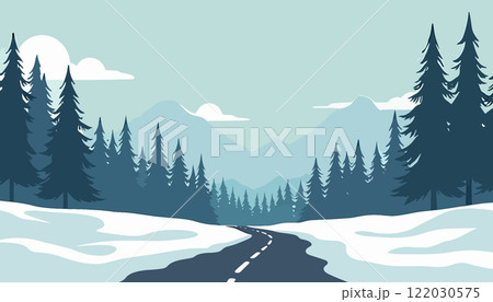 Snowy Mountain Road in Winter Landscape 122030575