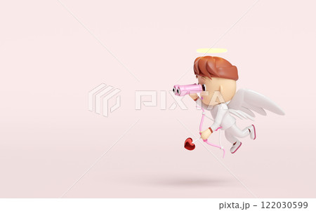 3d cupid flying holding binoculars with bow, arrows isolated on pink background. Happy valentine's day concept, 3d illustration render 122030599