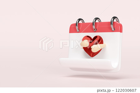 3d calendar with hands hugging heart isolated on pink background. Happy valentine's day, health love or world heart day concept, 3d illustration render 3d calendar with hands hugging heart isolated on pink background. Happy valentine's day, health love or world heart day concept, 3d illustration render 122030607