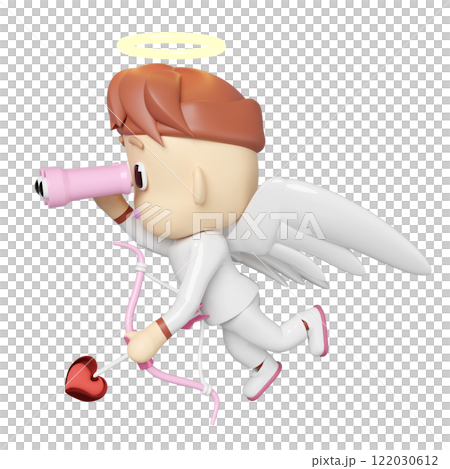 3d cupid flying holding binoculars with bow, arrows isolated. Happy valentine's day concept, 3d illustration render 122030612