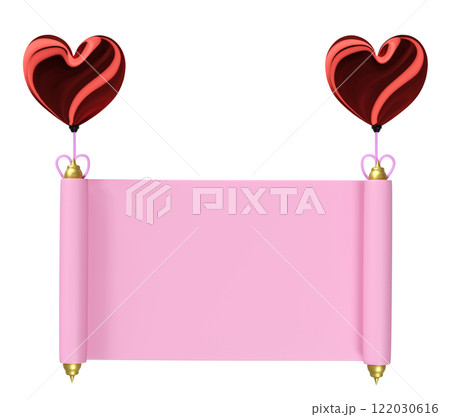 3d announcement roll banner with heart shaped balloon isolated. happy valentine's day concept, 3d illustration render 122030616