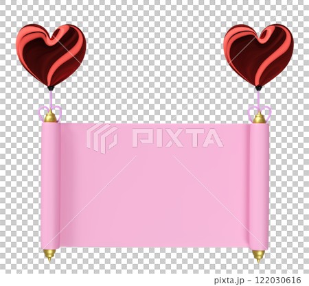 3d announcement roll banner with heart shaped balloon isolated. happy valentine's day concept, 3d illustration render 122030616