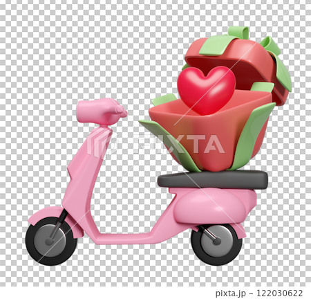3d scooter with heart in open gift box isolated. Happy valentine's day concept, 3d illustration render 122030622