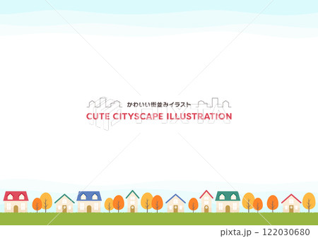 紅葉や家が並ぶ自然いっぱいのフレームイラスト素材 122030680