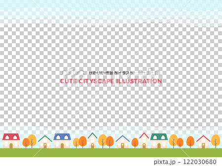紅葉や家が並ぶ自然いっぱいのフレームイラスト素材 122030680