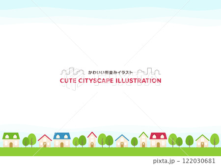 木々や家が並ぶ自然いっぱいのフレームイラスト素材 122030681