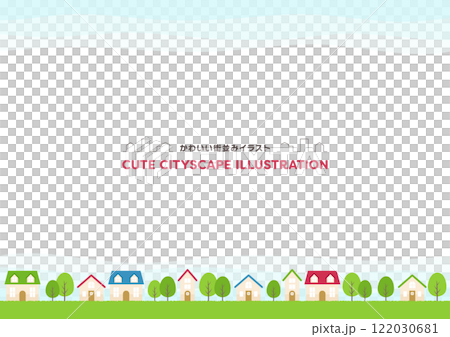 木々や家が並ぶ自然いっぱいのフレームイラスト素材 122030681