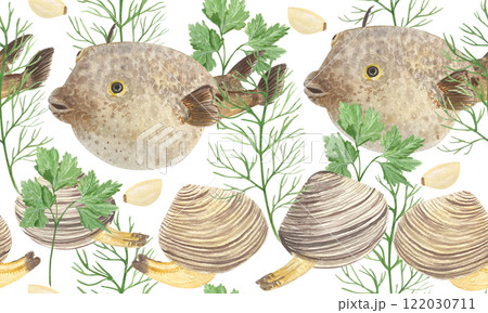 Puffer fish, clams with dill, parsley and garlic watercolor seamless border isolated on white. High quality hand drawn sea food clip art perfect for blog posts, fish market, restaurant decor, menu Puffer fish, clams with dill, parsley and garlic watercolor seamless border isolated on white. High quality hand drawn sea food clip art perfect for blog posts, fish market, restaurant decor, menu 122030711