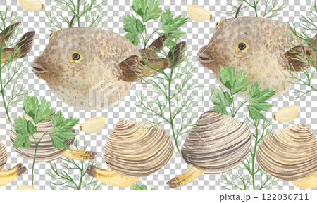 Puffer fish, clams with dill, parsley and garlic watercolor seamless border isolated on white. High quality hand drawn sea food clip art perfect for blog posts, fish market, restaurant decor, menu Puffer fish, clams with dill, parsley and garlic watercolor seamless border isolated on white. High quality hand drawn sea food clip art perfect for blog posts, fish market, restaurant decor, menu 122030711