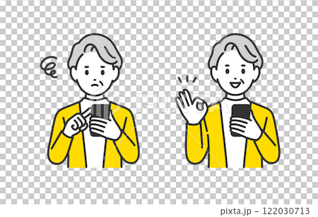 A set of senior women and elderly people who are worried about their smartphones and make OK sign poses [People vector illustration material] 122030713