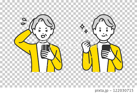 スマホを見て焦る･ガッツポーズをするシニア女性･高齢者のセット【人物ベクターイラスト素材】 122030715