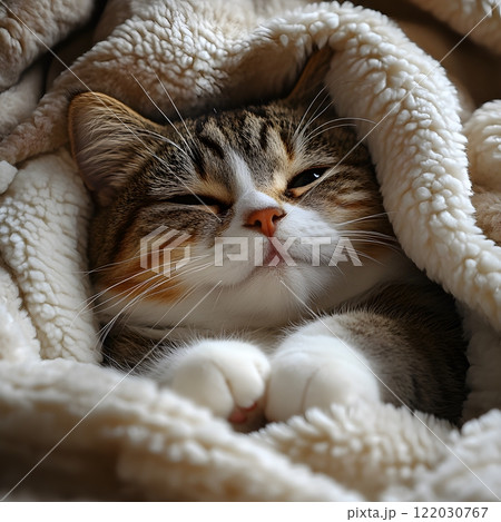 Contented Kitten Sleeping in Soft Blanket Contented Kitten Sleeping in Soft Blanket 122030767
