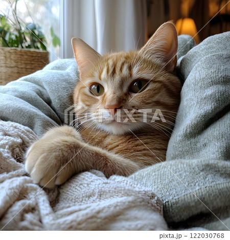 Cozy Ginger Cat Relaxing in Blankets Cozy Ginger Cat Relaxing in Blankets 122030768