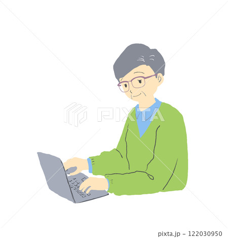 ノートパソコンを使うシニア男性のイラスト 122030950