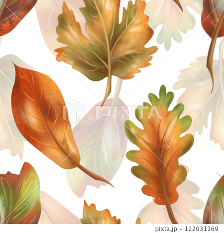 Autumn cozy seamless pattern with maple and oak yellow, red leaves on a white background. Natural motifs, forest, plants. Hand drawing background for wrapping paper, textiles, design 122031169