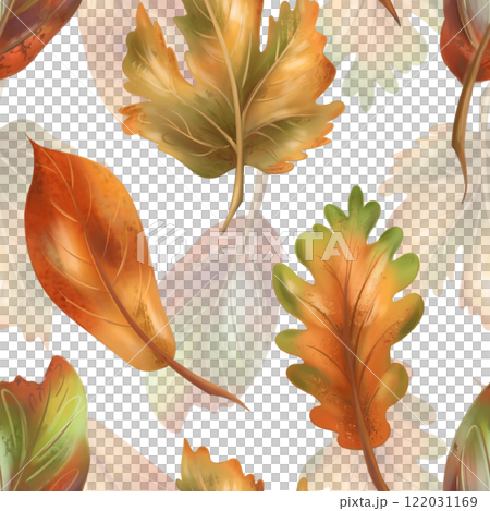 Autumn cozy seamless pattern with maple and oak yellow, red leaves on a white background. Natural motifs, forest, plants. Hand drawing background for wrapping paper, textiles, design 122031169