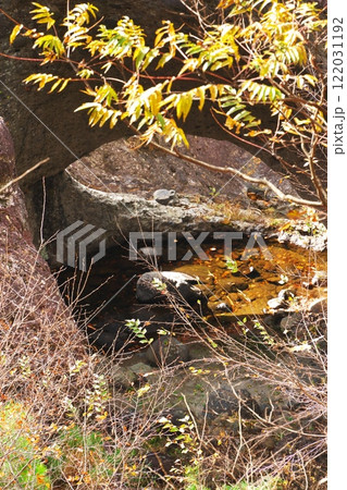 紅葉に囲まれた日光市龍王峡 青龍峡の五光岩 紅葉に囲まれた日光市龍王峡 青龍峡の五光岩 122031192