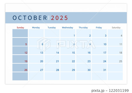 Blank calendar page for October 2025 year isolated on white background. 122031199
