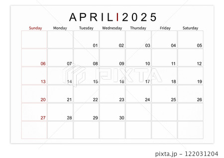 April 2025 Blank calendar page isolated on white background. 122031204