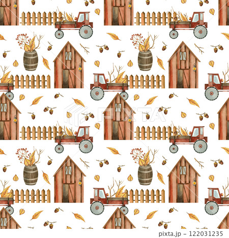 Farm with fence, tractor, plants, storage barrel. Seamless watercolor pattern painted with watercolor. Suitable for printing on fabric, paper and scrapbooking. High quality illustration. Farm with fence, tractor, plants, storage barrel. Seamless watercolor pattern painted with watercolor. Suitable for printing on fabric, paper and scrapbooking. High quality illustration. 122031235