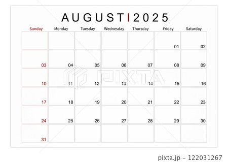 August 2025 Blank calendar page isolated on white background. August 2025 Blank calendar page isolated on white background. 122031267