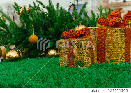 Christmas fake gifts to decorate the city. New Year's decor in the streets of the city Christmas fake gifts to decorate the city. New Year's decor in the streets of the city 122031306