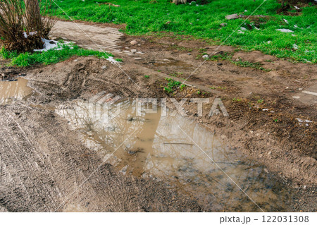 lack of lawn in the city. problem with landscape design in Kazakhstan. dirt and slush the sidewalks 122031308