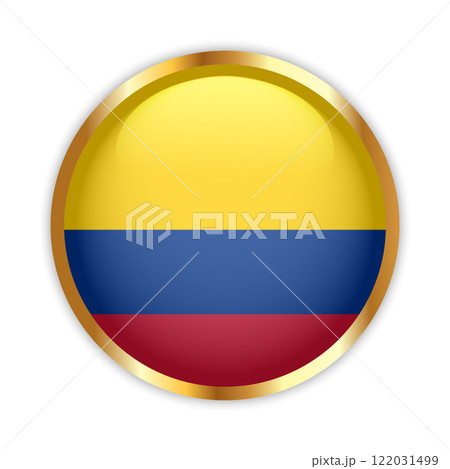 Colombia national flag button with golden frame. Colombia round badge icon. Vector illustration Colombia national flag button with golden frame. Colombia round badge icon. Vector illustration 122031499
