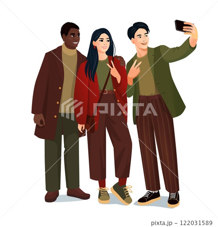 A diverse group of three stylish friends taking a selfie together, smiling and posing with peace signs. The illustration features individuals in fashionable fall outfits, including coats, trousers 122031589
