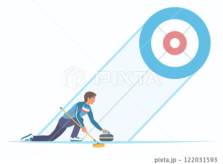 Curling player with stone and broom on a ice rink. Curling Sheet on Background. 122031593