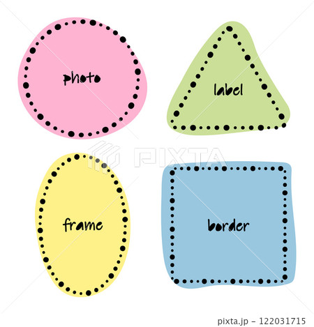 Frame multi-coloured outline set. Hand drawn decorative doodle style, black ink dot brush stroke border, scribble dash line, circle, square, rectangle, triangle geometric shape. vector illustration Frame multi-coloured outline set. Hand drawn decorative doodle style, black ink dot brush stroke border, scribble dash line, circle, square, rectangle, triangle geometric shape. vector illustration 122031715